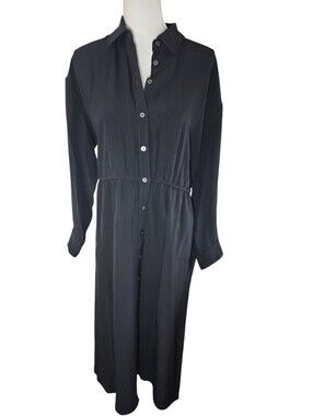Everlane The Drape Shirt Dress Black Long Sleeve Button Front Midi Size Large